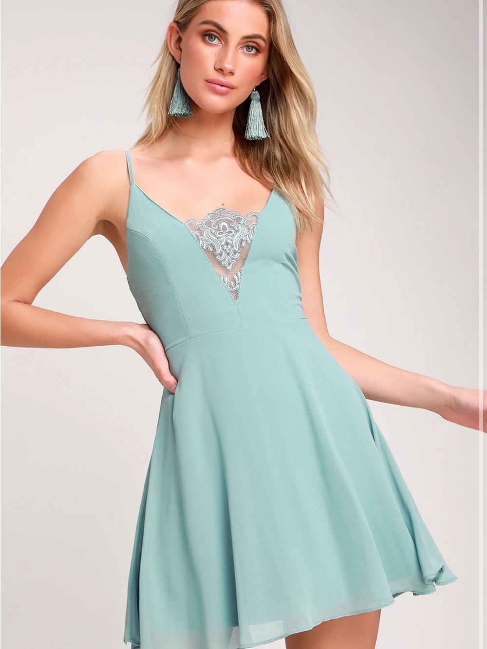 Lulu One and Only Dusty Blue Lace Skater Dress